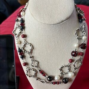 Elegant Silver and Red Multi-Strand Necklace